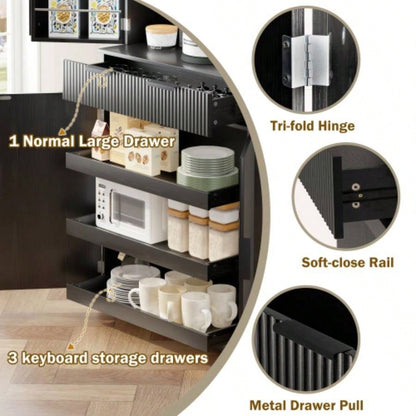 72 Fluted Kitchen Pantry Cabinet with 3 Keyboard Drawers 6 Door Shelves Adjustable, Freestanding Cupboard Storage Cabinet Bathroom Diningroom, Office, Entryway, Black