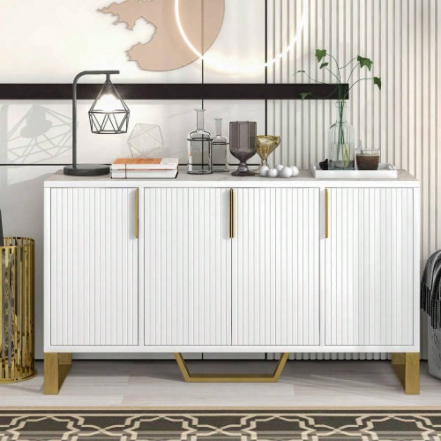 TREXM Modern sideboard with Four Doors, Metal handles and Adjustable Shelves Kitchen Cabinet White