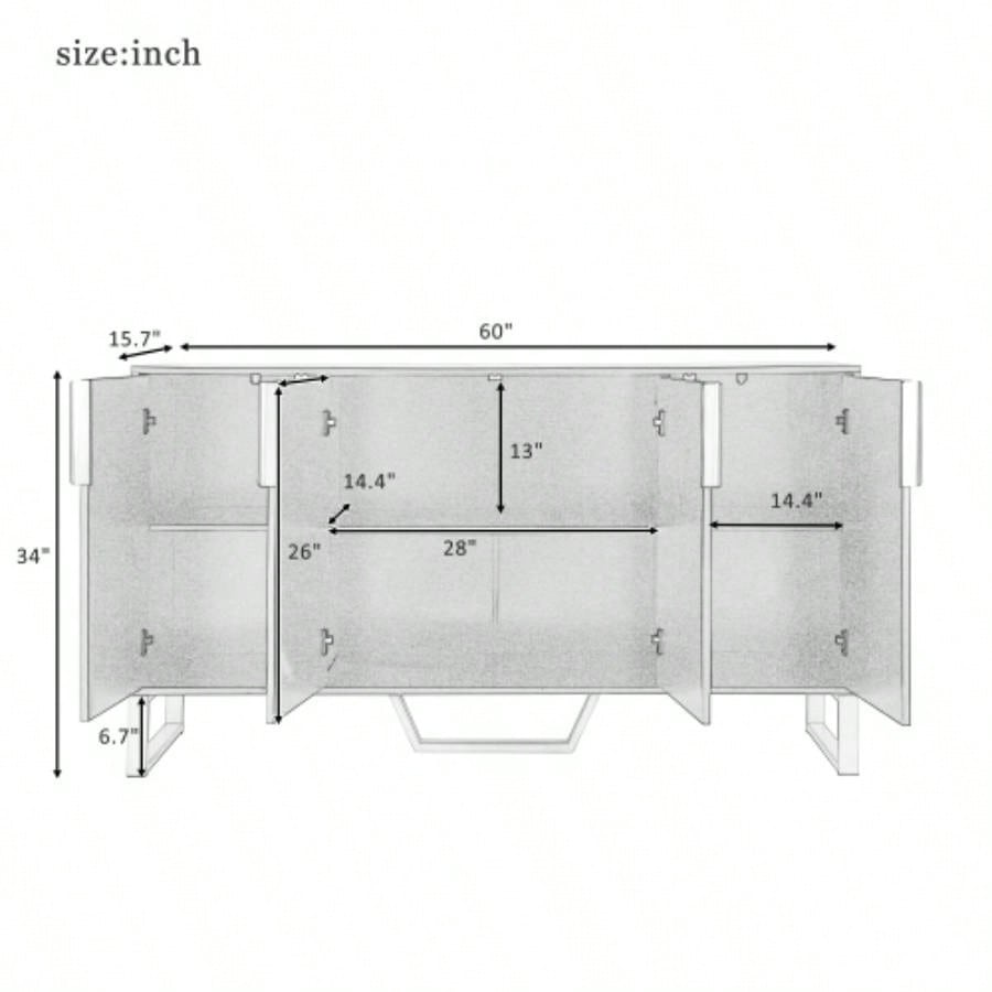 TREXM Modern sideboard with Four Doors, Metal handles and Adjustable Shelves Kitchen Cabinet Black
