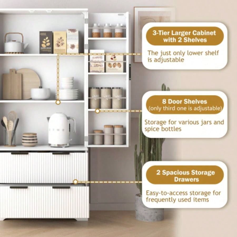 72 Modern Fluted Kitchen Pantry Cabinet with 2 Large Drawers 8 - Door Spice Rack, Freestanding Storage Organizer Bathroom, Dining Room, Office, Entryway, White