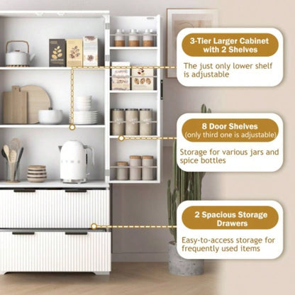 72 Modern Fluted Kitchen Pantry Cabinet with 2 Large Drawers 8 - Door Spice Rack, Freestanding Storage Organizer Bathroom, Dining Room, Office, Entryway, White