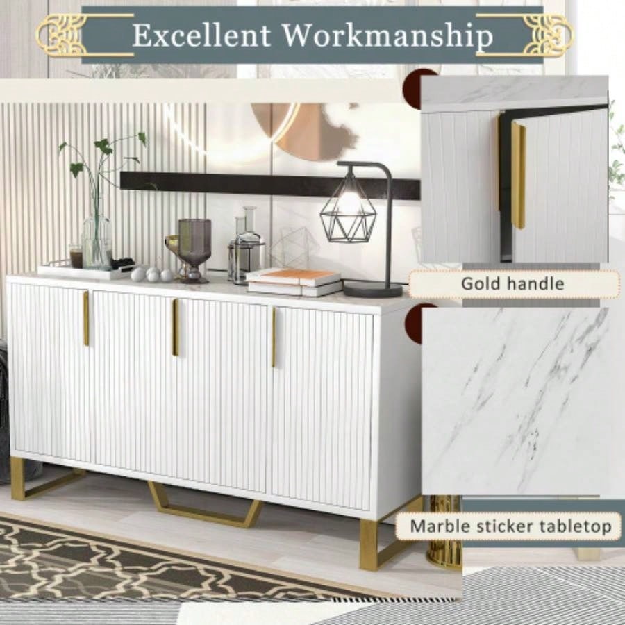 TREXM Modern sideboard with Four Doors, Metal handles and Adjustable Shelves Kitchen Cabinet White