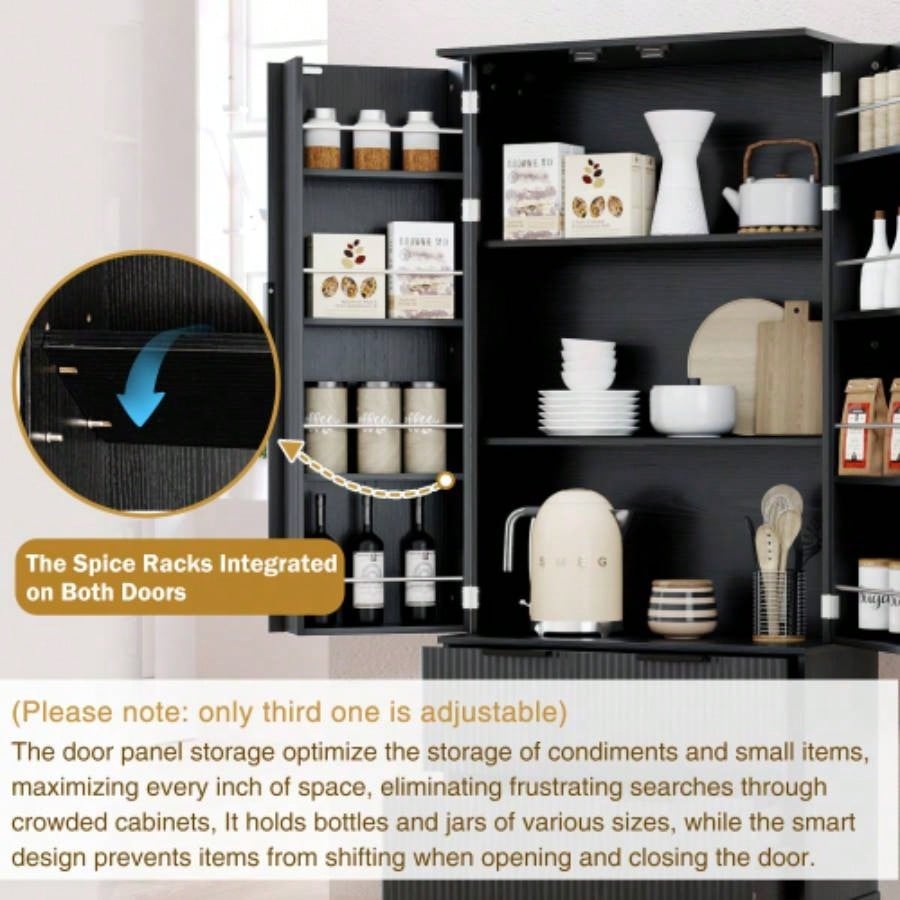 72 Modern Fluted Kitchen Pantry Cabinet with 2 Large Drawers 8 - Door Spice Rack, Freestanding Storage Organizer Bathroom, Dining Room, Office, Entryway, Black