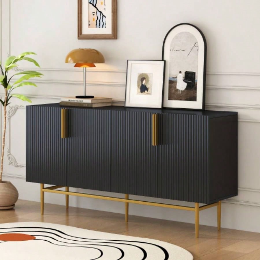 TREXM Modern Elegant 4 - door Sideboard Gold Metal Handle Buffet Cabinet Dining Room, Living Room, Bedroom, Hallway Black