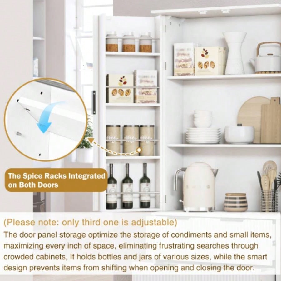 72 Modern Fluted Kitchen Pantry Cabinet with 2 Large Drawers 8 - Door Spice Rack, Freestanding Storage Organizer Bathroom, Dining Room, Office, Entryway, White