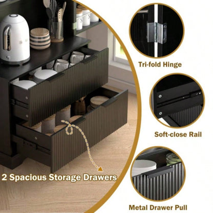 72 Modern Fluted Kitchen Pantry Cabinet with 2 Large Drawers 8 - Door Spice Rack, Freestanding Storage Organizer Bathroom, Dining Room, Office, Entryway, Black