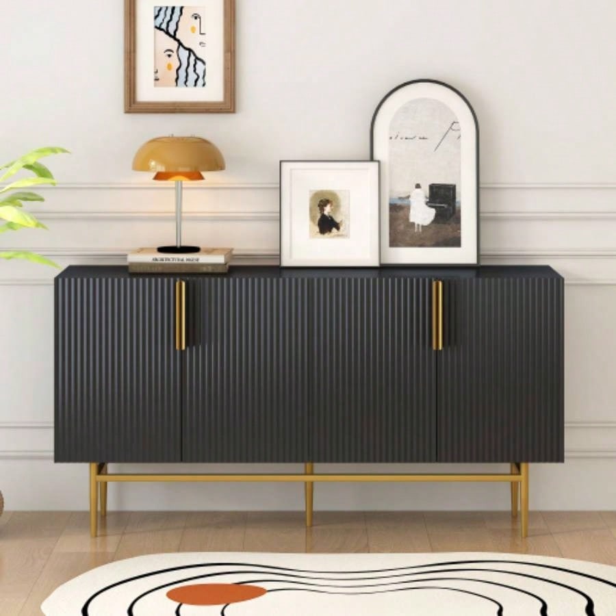 TREXM Modern Elegant 4 - door Sideboard Gold Metal Handle Buffet Cabinet Dining Room, Living Room, Bedroom, Hallway Black