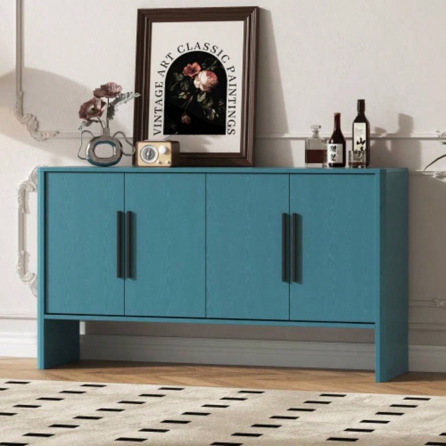 TREXM Sideboard Buffet Cabinet with Storage, Retro Sideboard Cabinet with Adjustable Shelves and Long Handles, 4 - Door Wood Sideboard Kitchen, Dining Room and Living Room Antique Blue