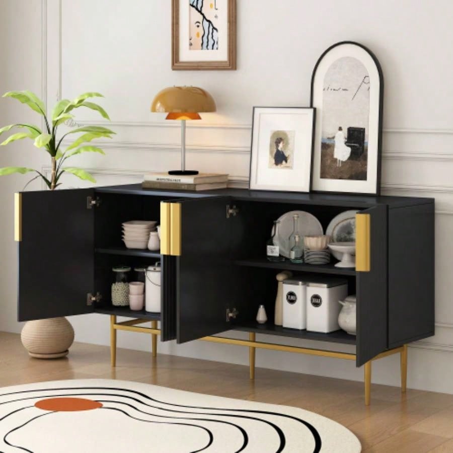 TREXM Modern Elegant 4 - door Sideboard Gold Metal Handle Buffet Cabinet Dining Room, Living Room, Bedroom, Hallway Black