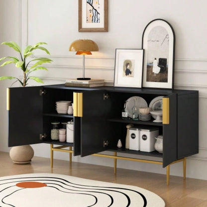 TREXM Modern Elegant 4 - door Sideboard Gold Metal Handle Buffet Cabinet Dining Room, Living Room, Bedroom, Hallway Black