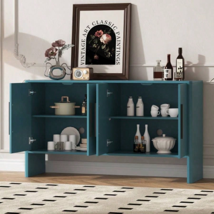 TREXM Sideboard Buffet Cabinet with Storage, Retro Sideboard Cabinet with Adjustable Shelves and Long Handles, 4 - Door Wood Sideboard Kitchen, Dining Room and Living Room Antique Blue