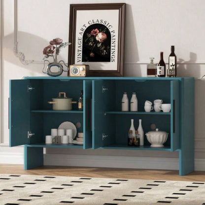 TREXM Sideboard Buffet Cabinet with Storage, Retro Sideboard Cabinet with Adjustable Shelves and Long Handles, 4 - Door Wood Sideboard Kitchen, Dining Room and Living Room Antique Blue