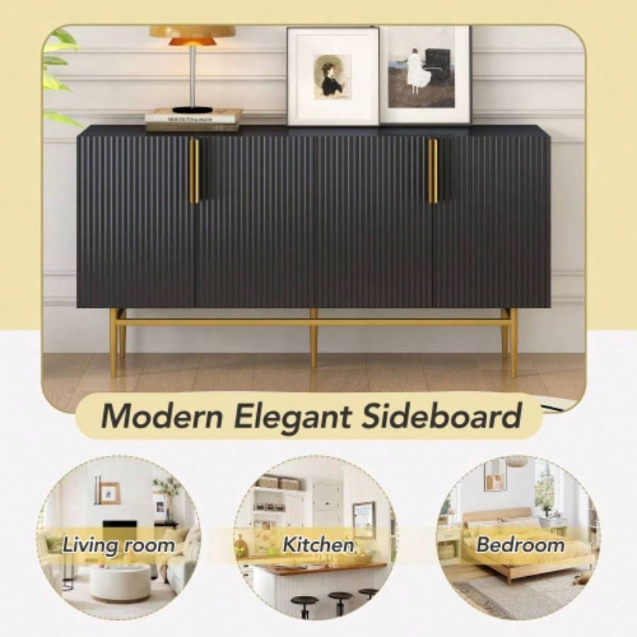 TREXM Modern Elegant 4 - door Sideboard Gold Metal Handle Buffet Cabinet Dining Room, Living Room, Bedroom, Hallway Black
