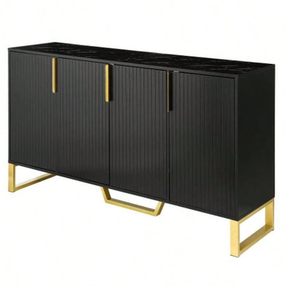 TREXM Modern sideboard with Four Doors, Metal handles and Adjustable Shelves Kitchen Cabinet Black
