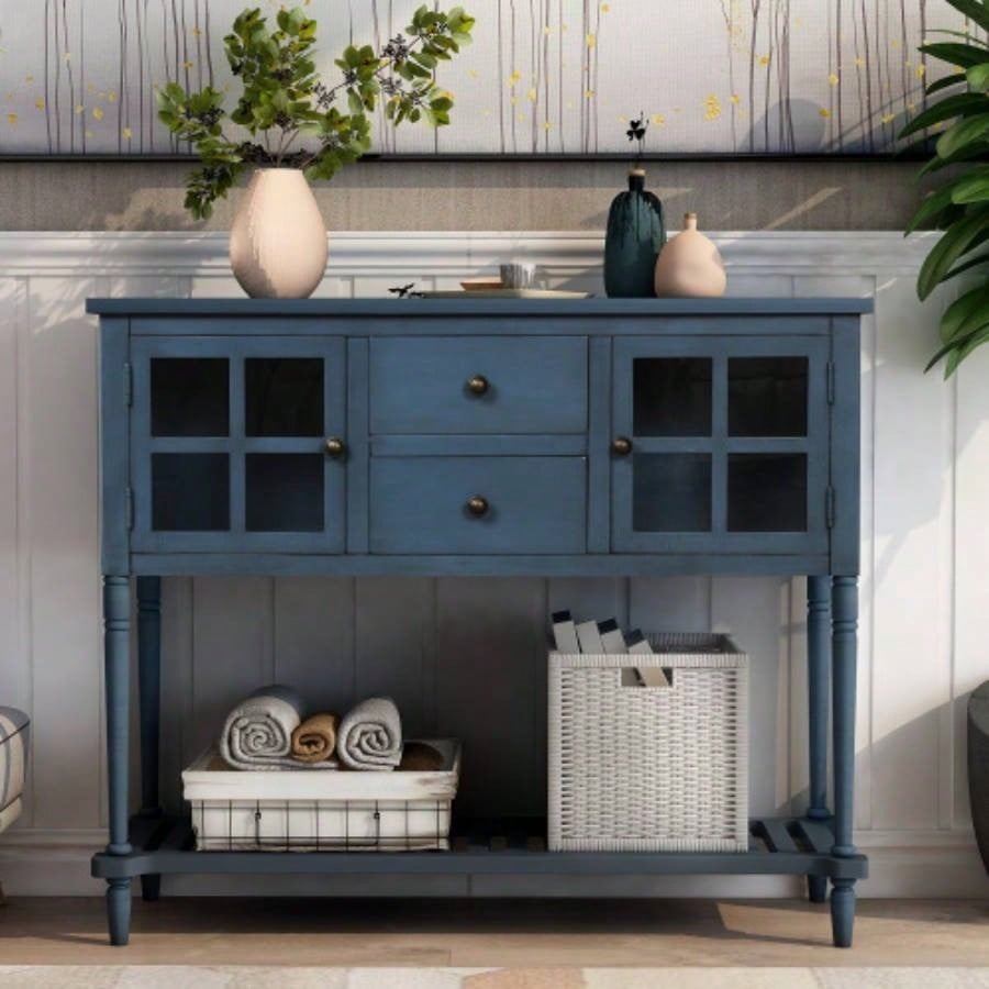 TREXM Sideboard Console Table with Bottom Shelf, Farmhouse Wood/Glass Buffet Storage Cabinet Living Room Antique Navy