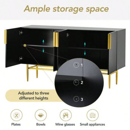 TREXM Modern Elegant 4 - door Sideboard Gold Metal Handle Buffet Cabinet Dining Room, Living Room, Bedroom, Hallway Black