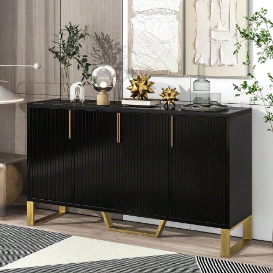TREXM Modern sideboard with Four Doors, Metal handles and Adjustable Shelves Kitchen Cabinet Black