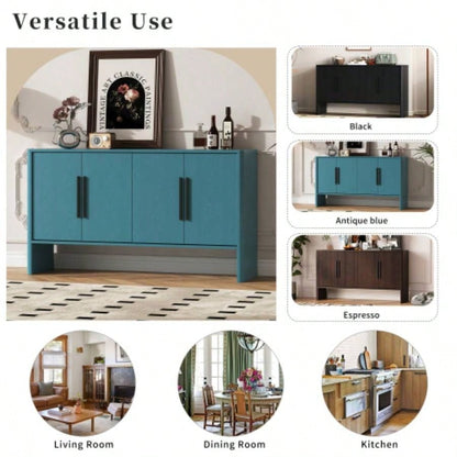 TREXM Sideboard Buffet Cabinet with Storage, Retro Sideboard Cabinet with Adjustable Shelves and Long Handles, 4 - Door Wood Sideboard Kitchen, Dining Room and Living Room Antique Blue