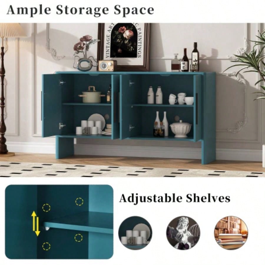 TREXM Sideboard Buffet Cabinet with Storage, Retro Sideboard Cabinet with Adjustable Shelves and Long Handles, 4 - Door Wood Sideboard Kitchen, Dining Room and Living Room Antique Blue