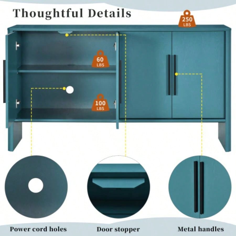 TREXM Sideboard Buffet Cabinet with Storage, Retro Sideboard Cabinet with Adjustable Shelves and Long Handles, 4 - Door Wood Sideboard Kitchen, Dining Room and Living Room Antique Blue