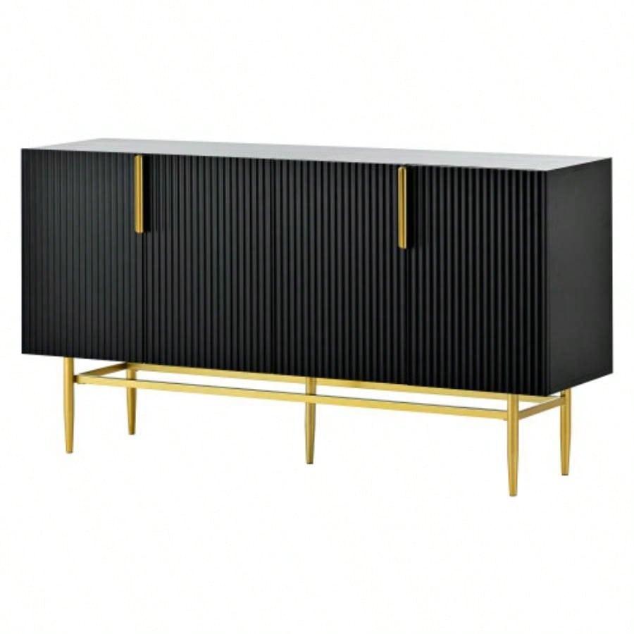 TREXM Modern Elegant 4 - door Sideboard Gold Metal Handle Buffet Cabinet Dining Room, Living Room, Bedroom, Hallway Black