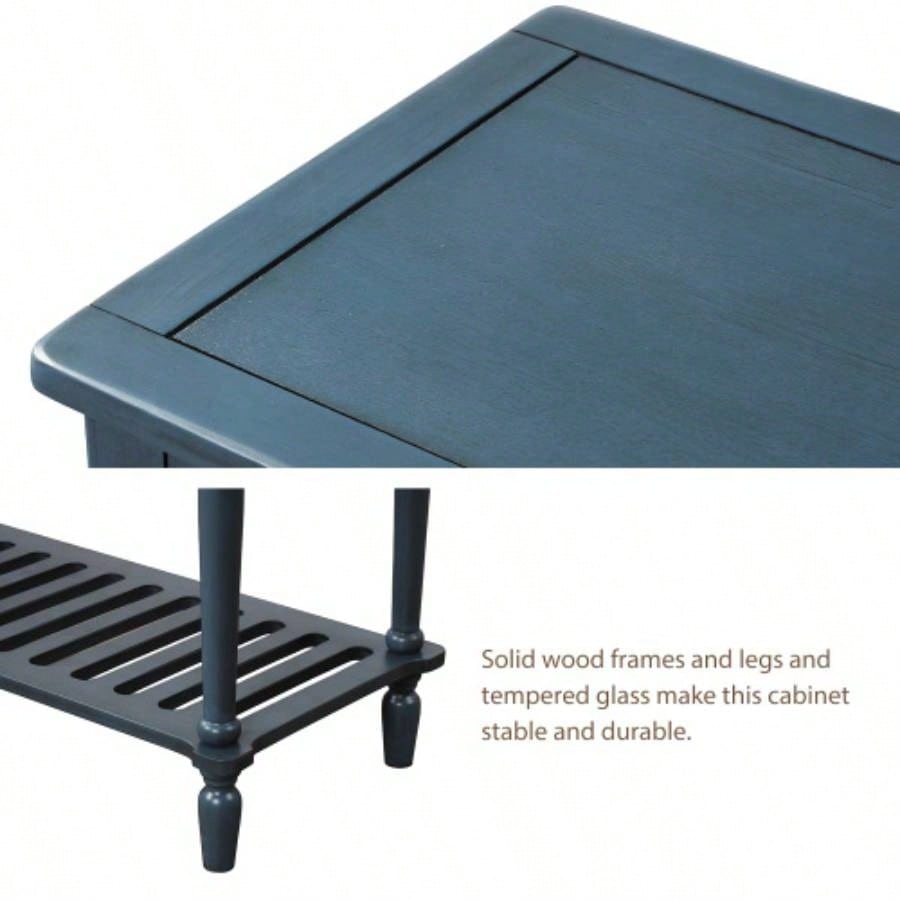 TREXM Sideboard Console Table with Bottom Shelf, Farmhouse Wood/Glass Buffet Storage Cabinet Living Room Antique Navy