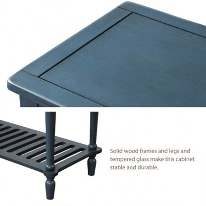 TREXM Sideboard Console Table with Bottom Shelf, Farmhouse Wood/Glass Buffet Storage Cabinet Living Room Antique Navy