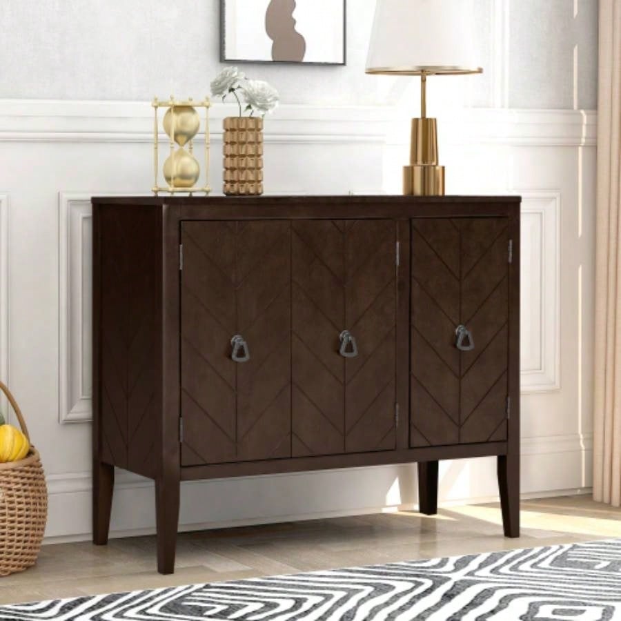 USTYLE Adjustable Shelf Storage Sideboard with 3 Retro Metal Handles and 4 Pinewood, Entryway, Living Room, Study Room, Dining Room