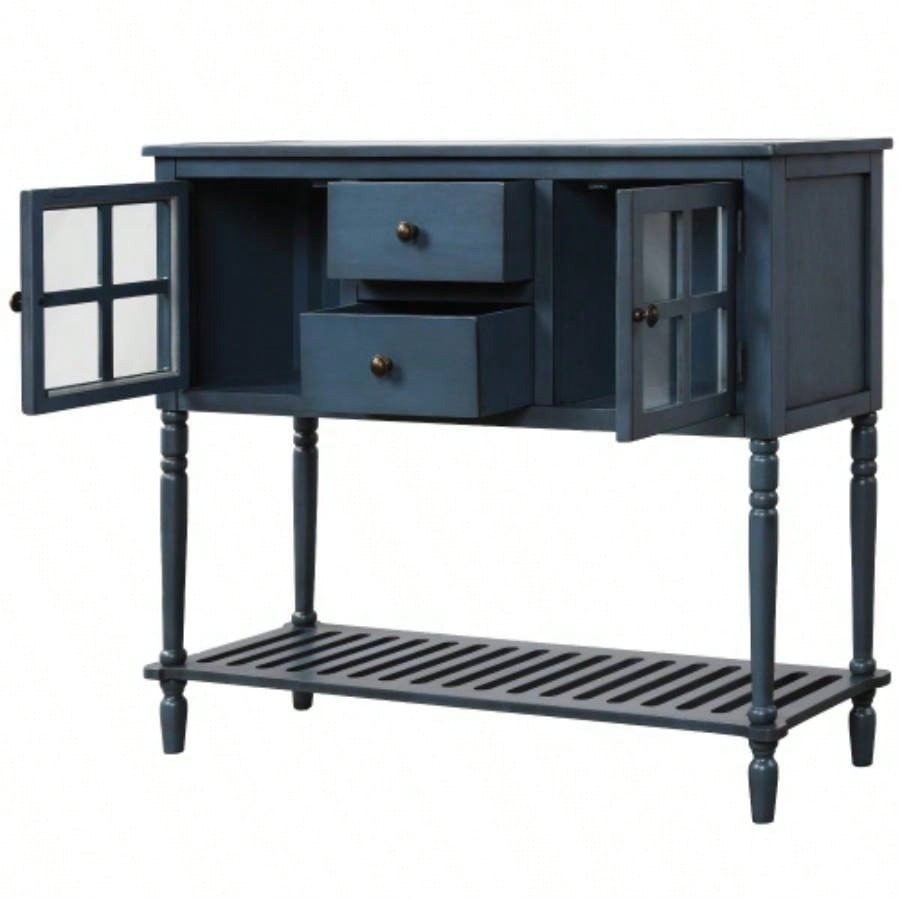 TREXM Sideboard Console Table with Bottom Shelf, Farmhouse Wood/Glass Buffet Storage Cabinet Living Room Antique Navy