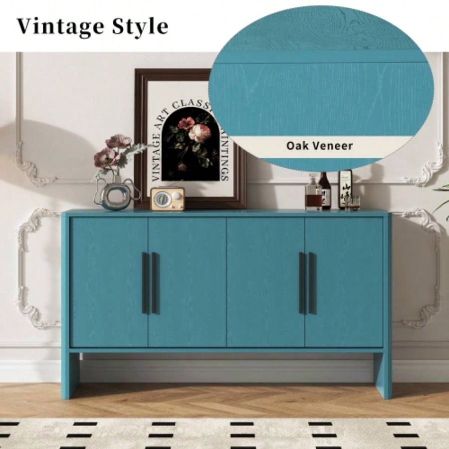 TREXM Sideboard Buffet Cabinet with Storage, Retro Sideboard Cabinet with Adjustable Shelves and Long Handles, 4 - Door Wood Sideboard Kitchen, Dining Room and Living Room Antique Blue