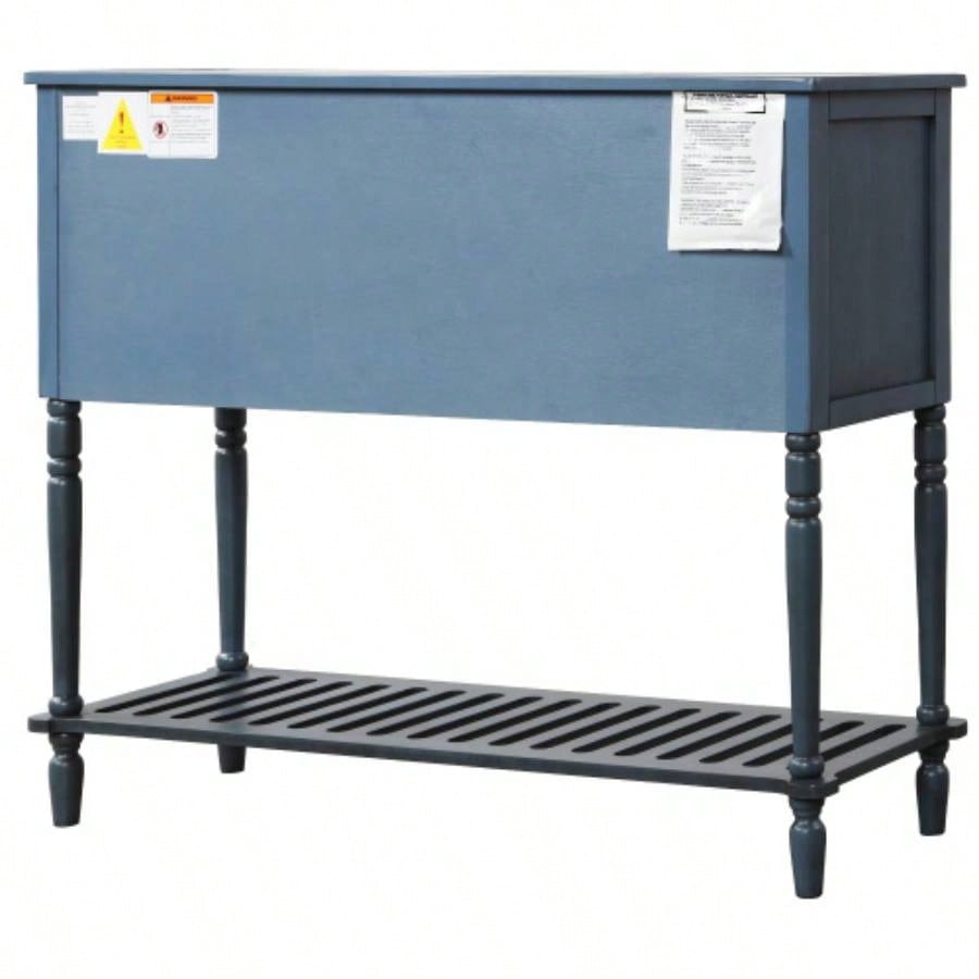 TREXM Sideboard Console Table with Bottom Shelf, Farmhouse Wood/Glass Buffet Storage Cabinet Living Room Antique Navy