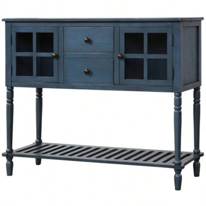 TREXM Sideboard Console Table with Bottom Shelf, Farmhouse Wood/Glass Buffet Storage Cabinet Living Room Antique Navy