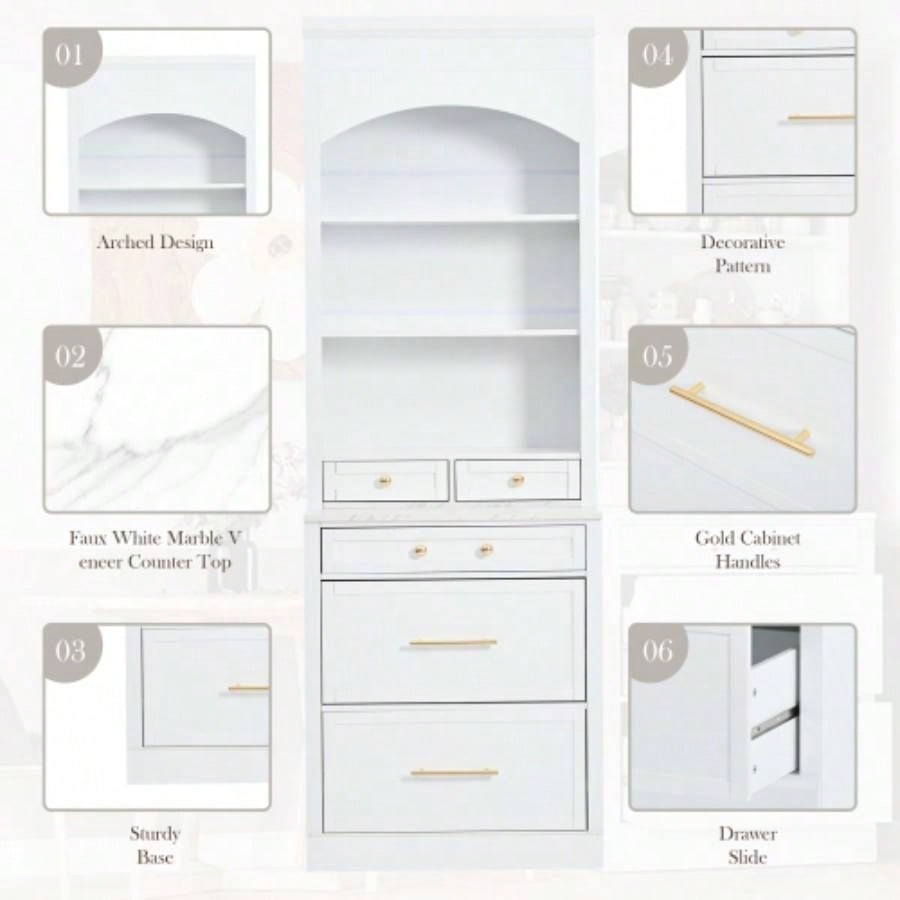 Assembly Video Provided TOPMAX Modern 83.7inch High Kitchen Pantry, Freestanding Tall Kitchen Hutch with Faux Marble Top, Display Cupboard Cabinet with 5 Storage Drawers and Adjustable Shelf, White