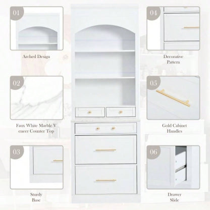 Assembly Video Provided TOPMAX Modern 83.7inch High Kitchen Pantry, Freestanding Tall Kitchen Hutch with Faux Marble Top, Display Cupboard Cabinet with 5 Storage Drawers and Adjustable Shelf, White