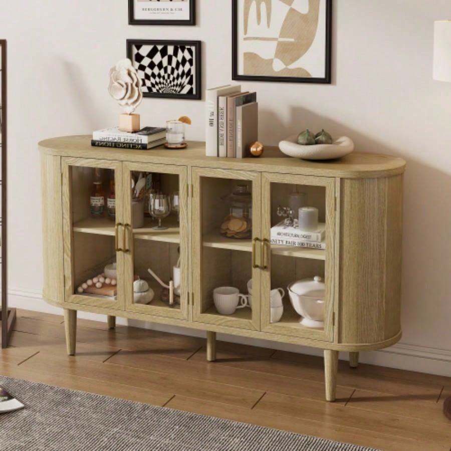 TREXM Farmhouse Sideboard Cabinet with Storage, Wood Buffet Cabinet with Glass Doors and Adjustable Shelves Kitchen, Dining Room and Living Room Natural