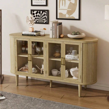 TREXM Farmhouse Sideboard Cabinet with Storage, Wood Buffet Cabinet with Glass Doors and Adjustable Shelves Kitchen, Dining Room and Living Room Natural