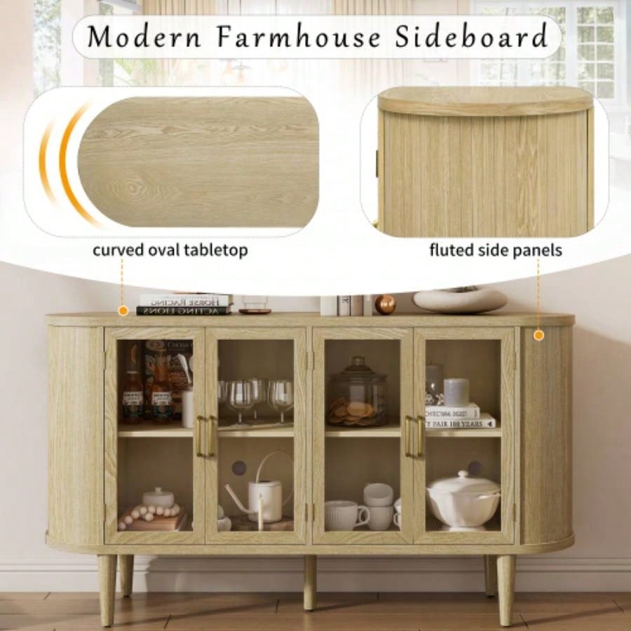TREXM Farmhouse Sideboard Cabinet with Storage, Wood Buffet Cabinet with Glass Doors and Adjustable Shelves Kitchen, Dining Room and Living Room Natural