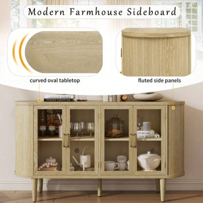 TREXM Farmhouse Sideboard Cabinet with Storage, Wood Buffet Cabinet with Glass Doors and Adjustable Shelves Kitchen, Dining Room and Living Room Natural