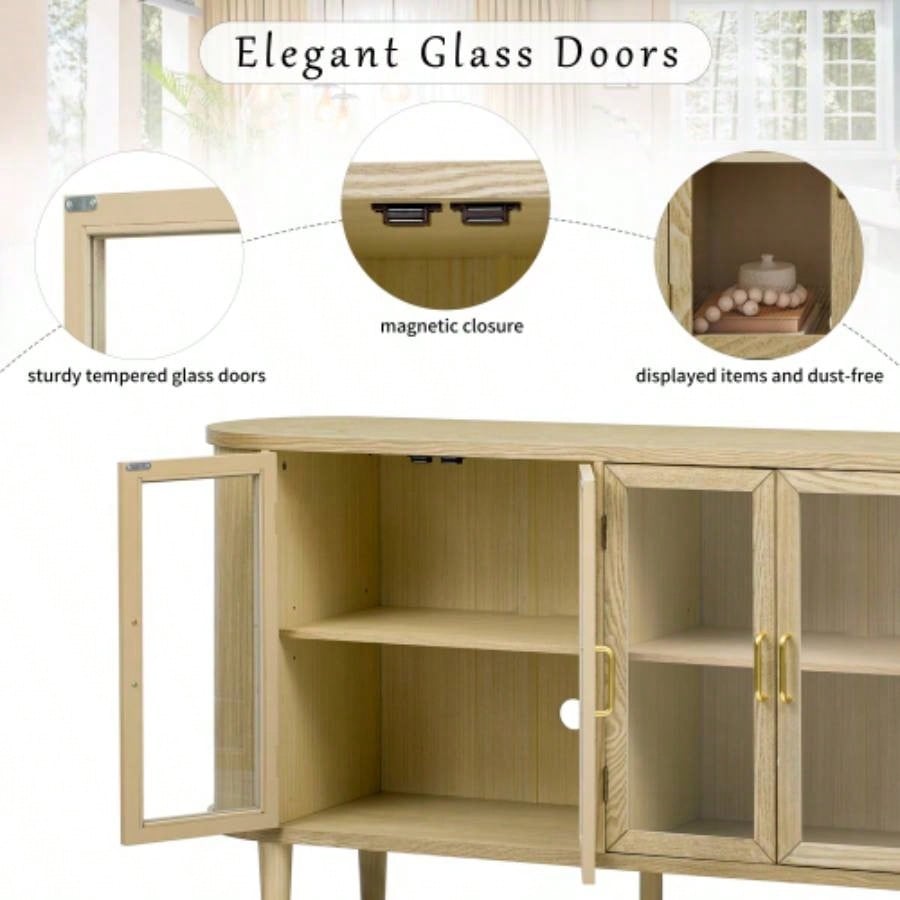 TREXM Farmhouse Sideboard Cabinet with Storage, Wood Buffet Cabinet with Glass Doors and Adjustable Shelves Kitchen, Dining Room and Living Room Natural