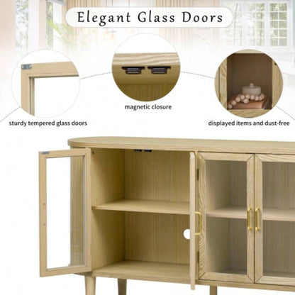 TREXM Farmhouse Sideboard Cabinet with Storage, Wood Buffet Cabinet with Glass Doors and Adjustable Shelves Kitchen, Dining Room and Living Room Natural