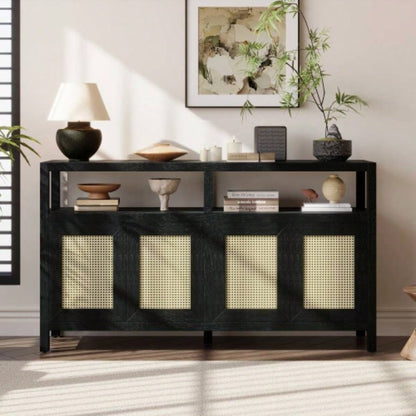 TREXM Bohemian Style Rattan Buffet Storage Cabinet with Solid Wood Frame, Sideboard with 3 - position Adjustable Shelves Living Dining Rooms, No - Handle Push - to - Open Design Black