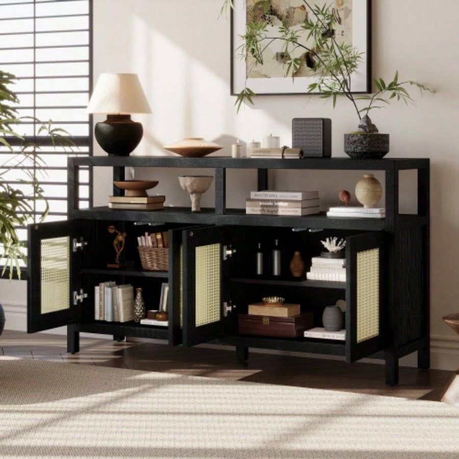 TREXM Bohemian Style Rattan Buffet Storage Cabinet with Solid Wood Frame, Sideboard with 3 - position Adjustable Shelves Living Dining Rooms, No - Handle Push - to - Open Design Black