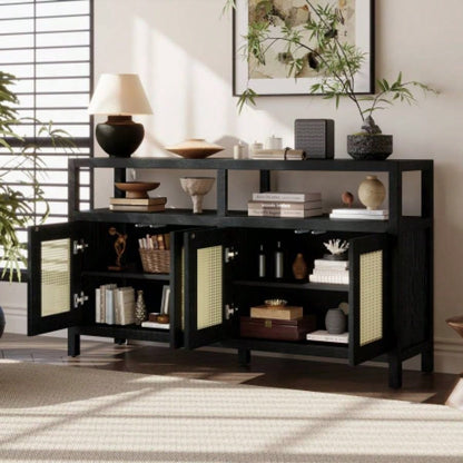 TREXM Bohemian Style Rattan Buffet Storage Cabinet with Solid Wood Frame, Sideboard with 3 - position Adjustable Shelves Living Dining Rooms, No - Handle Push - to - Open Design Black