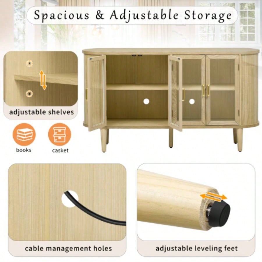 TREXM Farmhouse Sideboard Cabinet with Storage, Wood Buffet Cabinet with Glass Doors and Adjustable Shelves Kitchen, Dining Room and Living Room Natural