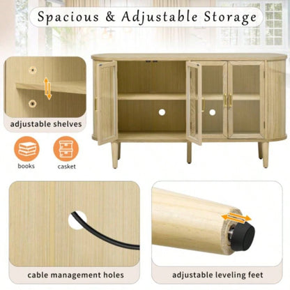 TREXM Farmhouse Sideboard Cabinet with Storage, Wood Buffet Cabinet with Glass Doors and Adjustable Shelves Kitchen, Dining Room and Living Room Natural