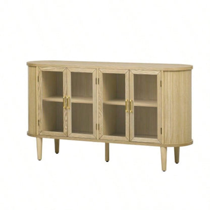 TREXM Farmhouse Sideboard Cabinet with Storage, Wood Buffet Cabinet with Glass Doors and Adjustable Shelves Kitchen, Dining Room and Living Room Natural