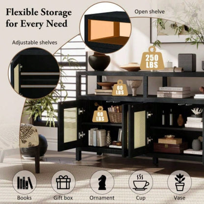 TREXM Bohemian Style Rattan Buffet Storage Cabinet with Solid Wood Frame, Sideboard with 3 - position Adjustable Shelves Living Dining Rooms, No - Handle Push - to - Open Design Black