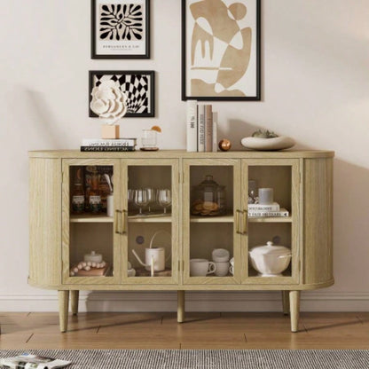 TREXM Farmhouse Sideboard Cabinet with Storage, Wood Buffet Cabinet with Glass Doors and Adjustable Shelves Kitchen, Dining Room and Living Room Natural