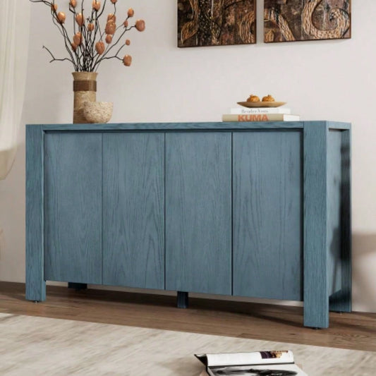 TREXM Buffet Cabinet with Storage, 4 - Door Retro Wood Sideboard with Distressed and Adjustable Shelves Dining Room, Kitchen, and Living Room Navy