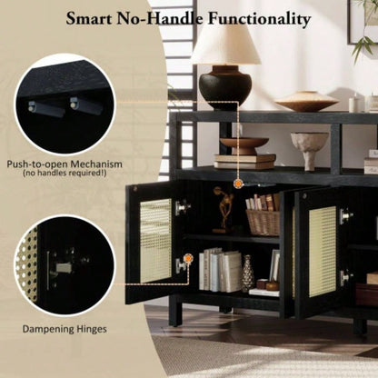 TREXM Bohemian Style Rattan Buffet Storage Cabinet with Solid Wood Frame, Sideboard with 3 - position Adjustable Shelves Living Dining Rooms, No - Handle Push - to - Open Design Black